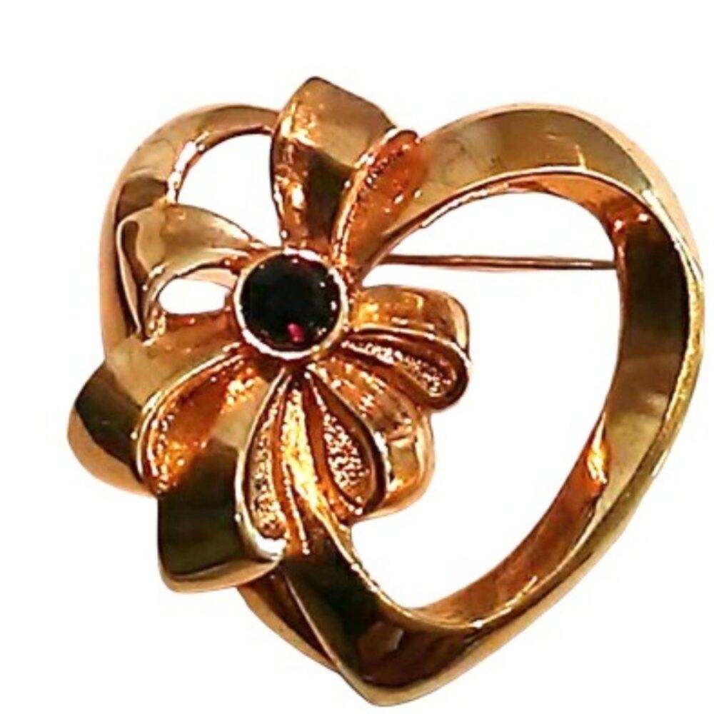 Gold HEART Brooch Pin January Garnet Stone Jacket Coat Red Gemstone